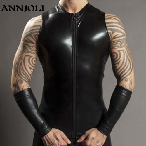 ANNJOLI Sexy Men Black Zipper Faux Underwear Leather Sleeveless PU Tank Undershirt Tops Male Vest Gay