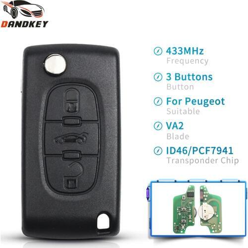 Dandkey 433Mhz ID46 ASK Flip Car Key For Peugeot 207 307 407 208 308 408 607 Partner CE0523 Remote Key Fob 3 Buttons VA2 Blade