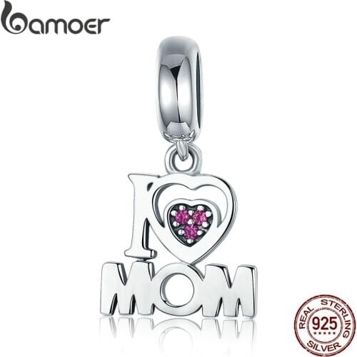BAMOER 100% Authentic 925 Sterling Silver i Love Mom Letter Pendant Charms fit Bracelets Fashion Jewelry Mother Gift SCC420