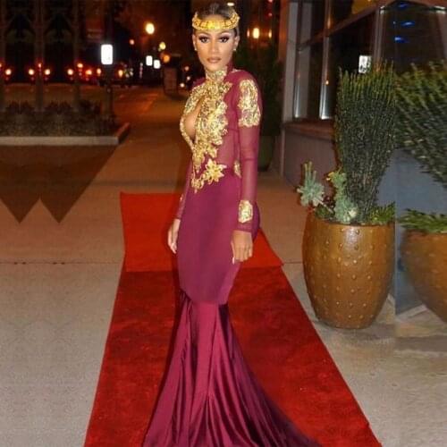 Burgundy with Gold Sequined Mermaid Evening Dresses High Neck Keyhole Long Sleeve Prom Gown Satin Sweep Train Evening Gowns