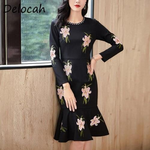 Delocah New 2021 Autumn Women Fashion Designer Mermaid Dress Long Sleeve Gorgeous Embroidery Beading Elegant Slim Midi Dresses