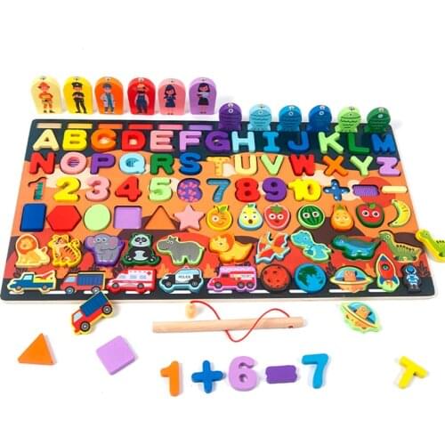 Wooden Montessori Toys Numbers Fruit Letters Fishing Traffic Puzzles Preschool Wooden Educational Childrens Toys