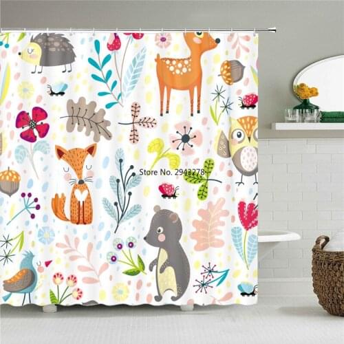 Childs Bathroom Shower Curtain Cute Cartoon Animals Bath Curtain Waterproof Polyester Cloth Curtain Home Decoration with Hook