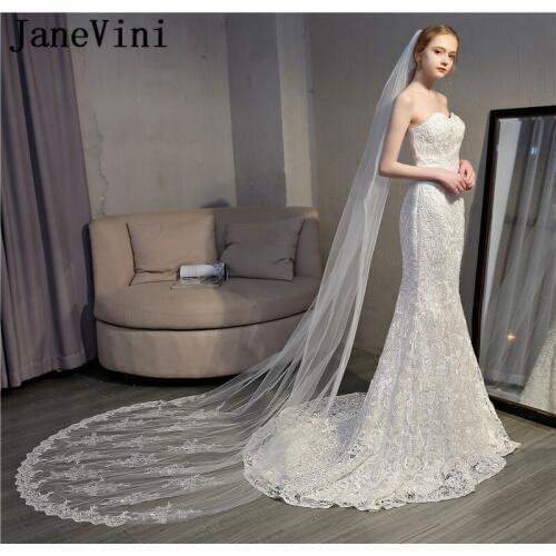 JaneVini Elegant Lace Wedding Veil with Comb Ivory 3 Meters Appliqued Bridal Veils Long One Layer Cathedral Acessoire Mariage