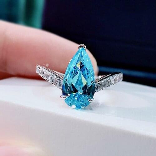 Rings 925 Sterling Silver Silver Charm 7*13MM Water Drop Cut Aquamarine For Women Engagement Female Jewelry Gift