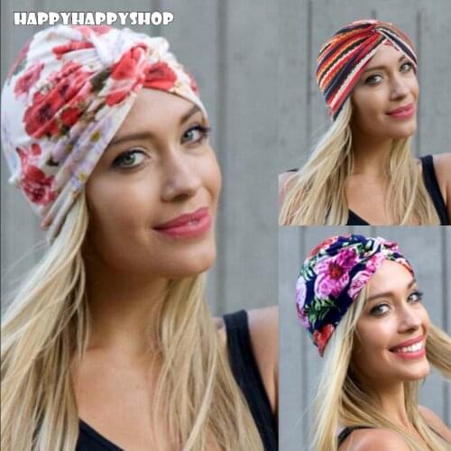 Fashion Printed India Knotted Turban Hat Cap Cancer Chemo Hair Loss Beanies Head Cover wrap Scarf Womens Cotton Headwear