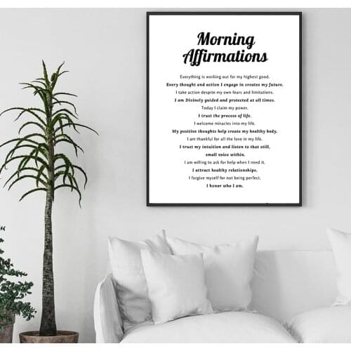 Morning Affirmation Print Inspirational Quote Poster Modern Black White Minimalist Canvas Painting Motivational Gift for Women