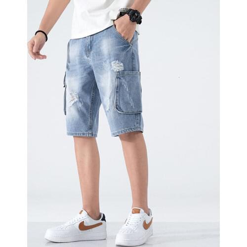 Washed Light Blue Casual Denim Shorts Straight Wide-leg Five-point Pants Hiphop Multi-pocket Design Overalls Spring Summer Jeans