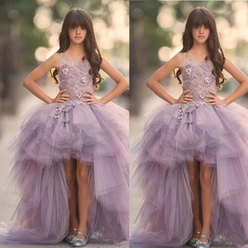 Lavender Hi-Low Girls Pageant Gowns Lace Applique Sleeveless Flower Girl Dresses For Wedding Tulle Puffy Kids Communion Gowns