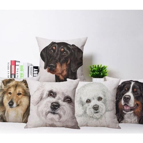 Dandie Dinmont Dog Cushion Cover Pug Puppies Pillowcase Decor Beige Linen White Polyester 45X45cm Sofa Chair Decoration