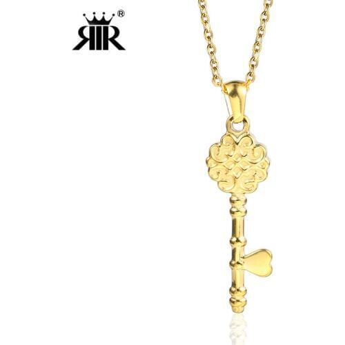 RIR Stainless Steel Gold Key Pendant Necklace Jewelry Key Shaped Fashion Statement Necklaces For Women