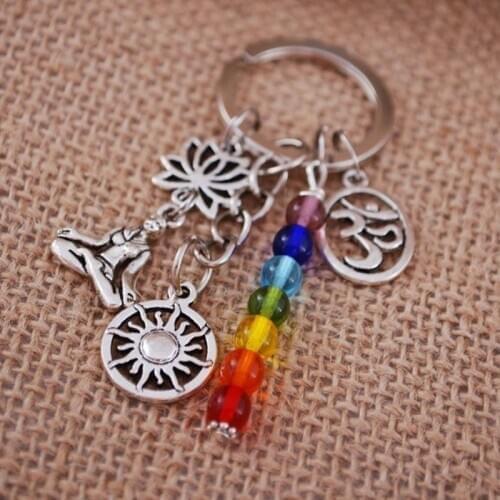 Rainbow symbol key ring silver tone hippie keychain yoga chakra keychain sun charm key chain