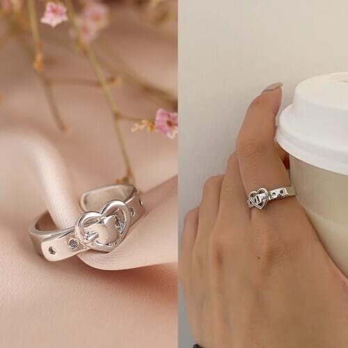 Luxury Female Heart Shape Women Ring Fashion Silver Color Belt Personality Party Rings for Girl Friendship Adjustable Ring