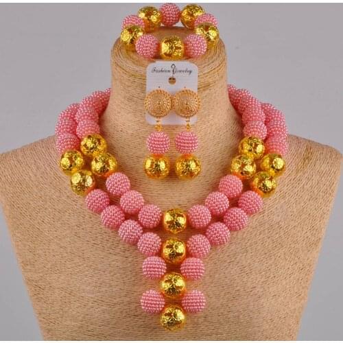Pink simulated pearl necklace nigerian wedding african beads jewelry set for women FZZ16