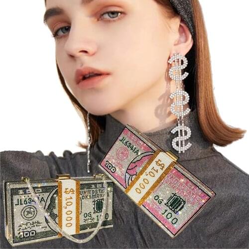 Rhinestone Wedding Clutch Purse and Handbag Womens Evening Clutch Bag for Party Luxury Dollar Shape Crystal Earrings ZD2143