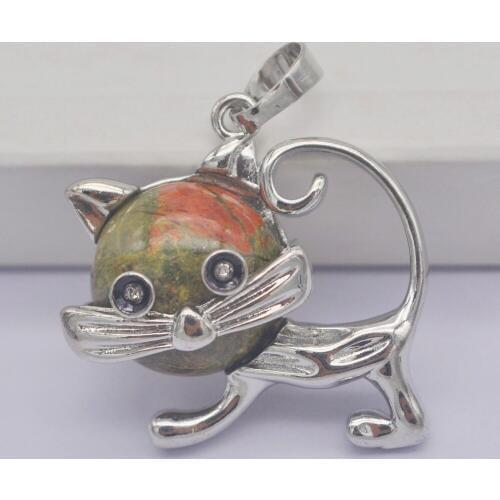 Unakite Epidote Stone GEM Pendant Lovely Cat Animal Jewelry S3236