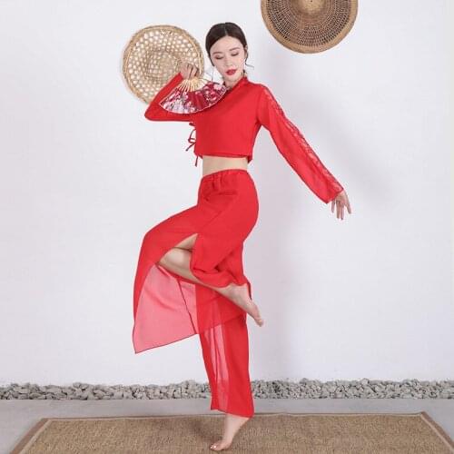 Women Oriental Classical Dance Costumes Ladies Chinese Cheongsam Shirt Hanfu Tops Pants 2 Pcs Autumn Dancing Practice Clothing