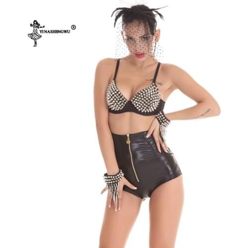 Women Sexy Bodysuit Jazz Dance Costumes Ds costumes DJ jazz suit bars nightclubs sexy bra belly dance rivet suit leather shorts