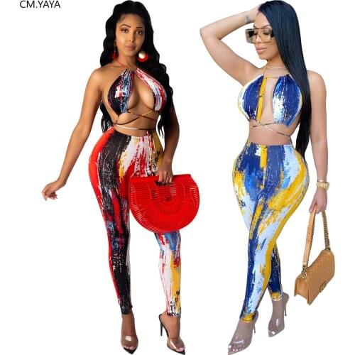 CM.YAYA Sexy Party Club Tie Dye Print Women two piece set Tracksuits crop tops Pencil jogger pants Suit Outfits Matching Set