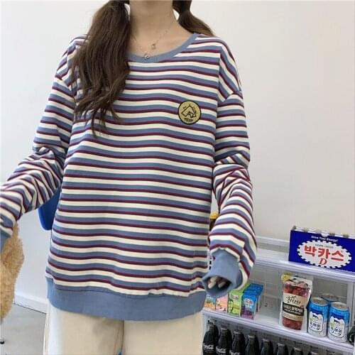 Oversized Loose Women Autumn New 2020 Korean Style O Neck Embroidered Striped Long Sleeve Thin Sweatshirts Women Tops 01E