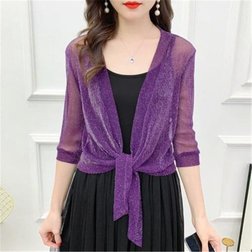 2021 Korean Fashion Spring Summer Women Crop Lace Cardigan Korean Short Long Sleeve Chiffon Coat Purple Gray Red White ZY5664
