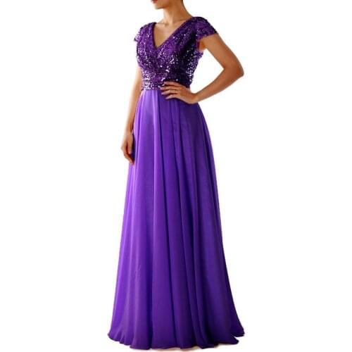 Purple black red frocks for women sexy v neck sequin patchwork chiffon night party floor-length dress 2020 robe ceremonie femme