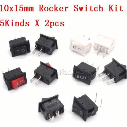10Pcs 10MM*15MM Rocker Switch Kit 2Pin 3Pin 3A 250V KCD11 2/3 Position Snap-in On/Off On/Off/On 5kinds X 2pcs