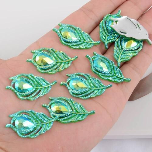 BOLIAO AB Color 10Pcs 20*38mm( 0.79in*1.5in ) Peacock Leaf Resin Shining Green Crystal Flatback No Hole Glue Crafts DIY