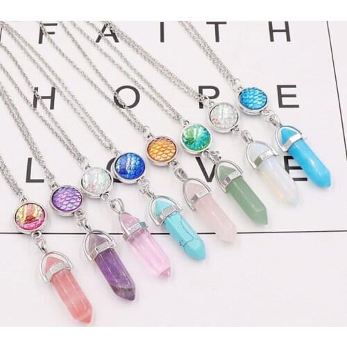 2021 Fashion Hexagonal Pillar Natural Stone Pendant Fish Scale Chakra Charm Necklace Crystal Pendant Necklace Jewelry For Women