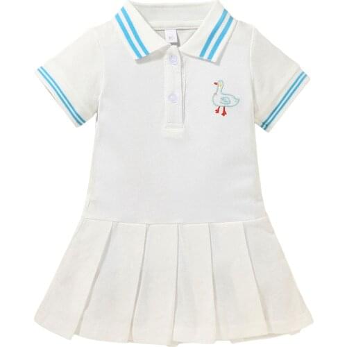 2021 Lovely Children Duck Embroidery Casual Dress Girls Short Sleeve Lapel Neck Pleated Dress with Buttons Summer 2-7 Years