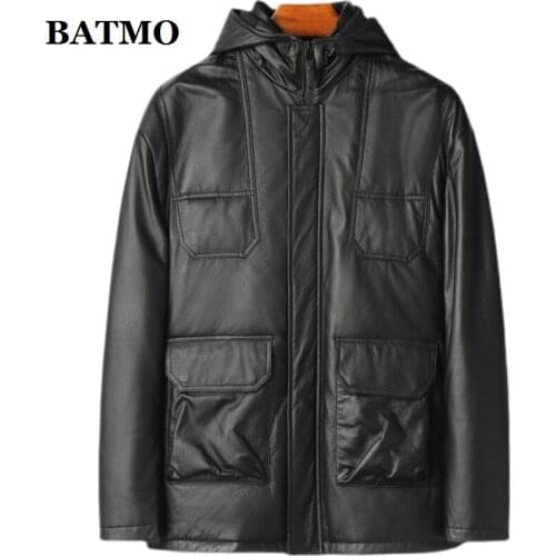 BATMO 2021 new arrival winter high quality Genuine Leather hooded jackets,90% white duck down hooded jackets ,W20111