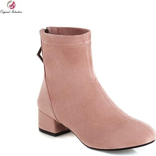 Stretch Flock Boots Women Chunky Heels High Ankle Sock Boots Female Square Toe Shoes Ladies Fashion Zipper Shoes Autumn Winter
