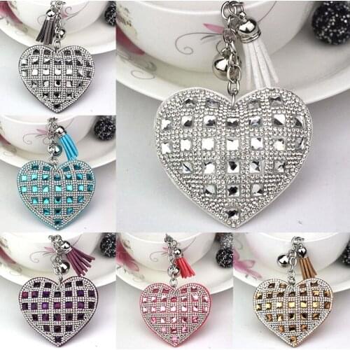 Hearts Shape Keychain Full Glass Beads Leather Fringed Key Chain For Woman Car Bag Key Ring Handbag Decorative Keyrings Gift
