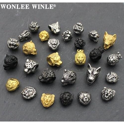 Wonlee Winle Stainless Steel 2mm Hole Retro Animal Lion Wolf Tiger Spacer Bead Charms For Jewelry Making