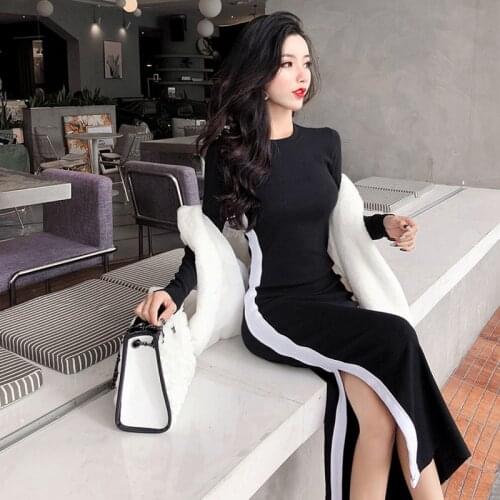 O-neck Black Bodycon Dress Women Spring Fall Ladies Pencil Long Dresses Female Clothes Fashion Korean Style Vestido Feminino