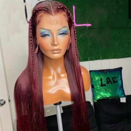 Long Meddle Part Straight 180% Density 99J Wine Red Color Glueless Remy 13x4 Lace Front Wigs For Woman With Babyhair Daily Wear