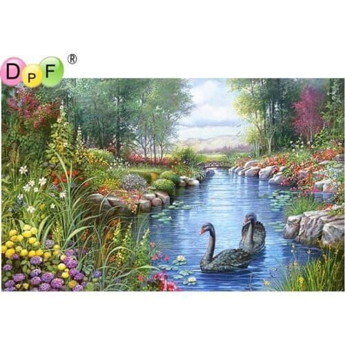 DPF Diamond Embroidery Lake Swan Diamond Painting Cross Stitch Picture Of Rhinestone full Square Diamond Mosaic decor DIY