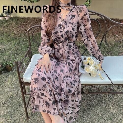 FINEWORDS Elegant Floral Printed Dress Long Sleeve 2021 Spring Dresses V Neck Korean Vintage Party Dress Casual Pink Ropa Mujer