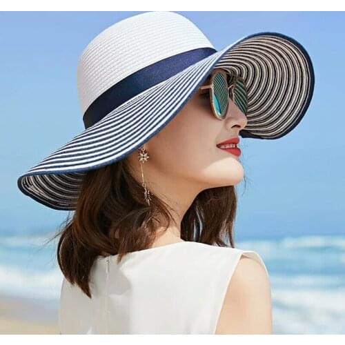 Hot Sale Fashion Hepburn Wind Black White Striped Bowknot Summer Sun Hat Beautiful Women Straw Beach Hat Large Brimmed Hat 2021