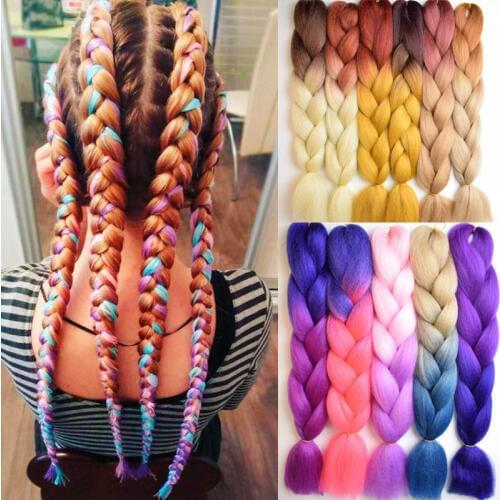JUNSI Long 23inch Ombre Synthetic Jumbo Braiding Hair Crochet Gold Pink Grey Pruiken Braids Hair Extension for Women