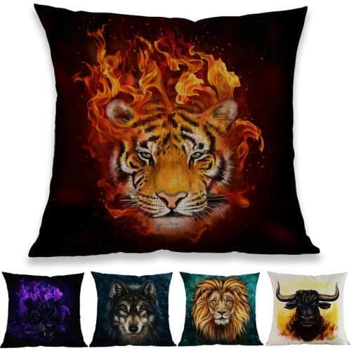 Oil Painting Style Animals Wild Beast Tiger Fox Wolf Lion Leopard Buffalo Pattern Pillow Case Home Sofa Decoration Cushion Cover