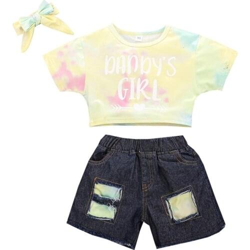 Baby Girls Clothes Set Baby Short Sleeves + Denim Shorts + Bow Headband, Tie-dye Printing Elastic Waist Summer