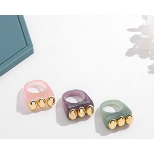 Minar Oval Gold Beads Transparent Resin Acrylic Square Rings for Women Girls Chunky Geometric Stacking Finger Ring Jewelry Gifts
