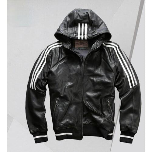 Japanese-Style Retro Leather Hooded Baseball Shirt Mens A1816 Striped Leather Casual Sports Sheep Leather Jacket Sweatshirt