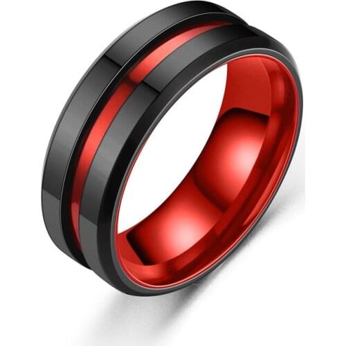Mens Fashion 8mm Two Color Black Brushed Ladder Edge Stainless Steel Ring Red Groove Wedding Ring Mens Valentines Day Gift