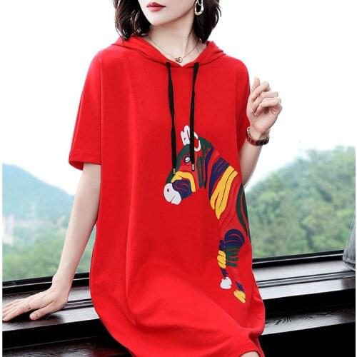 Dresses for Women Womens Spring Cartoon Dress Half-Sleeved Loose Hooded Sweater Women Vestido De Mujer Femme Robe