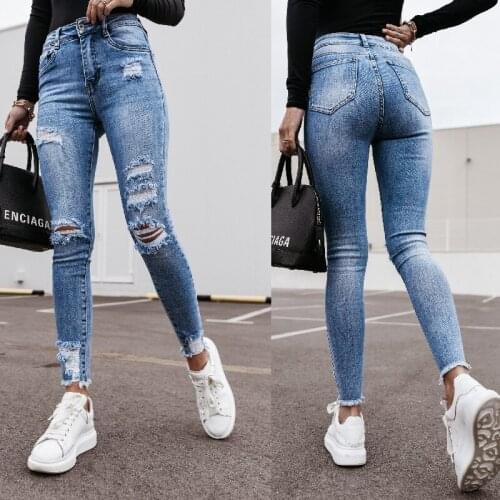 Ripped Jeans 2021 Summer Street Hipster Washed Hole Denim Pants Mid waistSlim Slimming Denim Trousers Casual Solid Pencil Pants