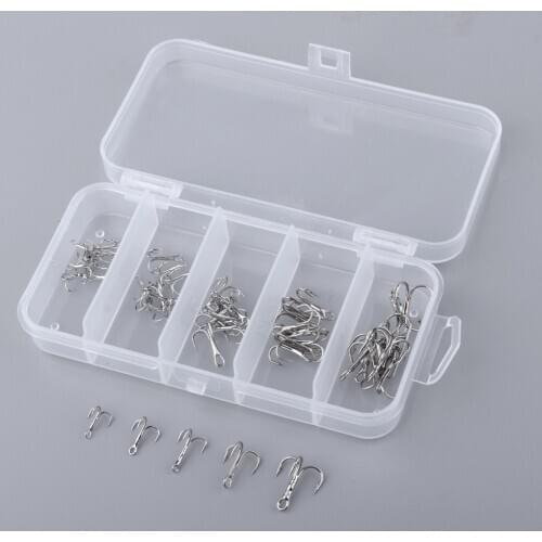 50pcs Fishing Treble Hooks Sharp Barb Lure Bait Fish Terminal Tackle Kit Silver Fishhooks