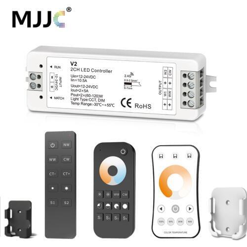 LED RF Controller 12V LED Dimmer 24V 2CH 2.4G Single Color CCT Light Strip LED Dimmer Controller Wireless Remote with Holder V2