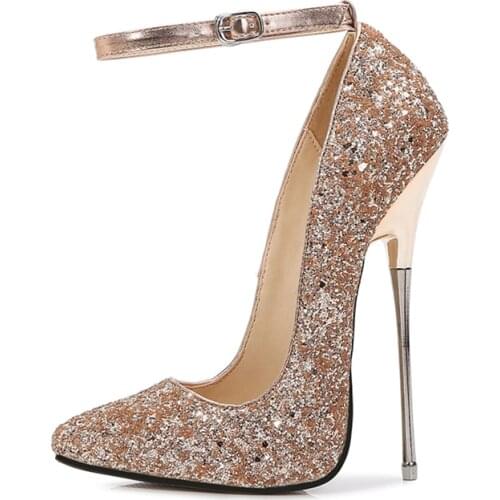 Sexy 16cm Metal Extreme High Heels Shoes Women Ankle Straps Pumps Women Fashion Sequined Party Fetish Shoes Ladies Large Size
